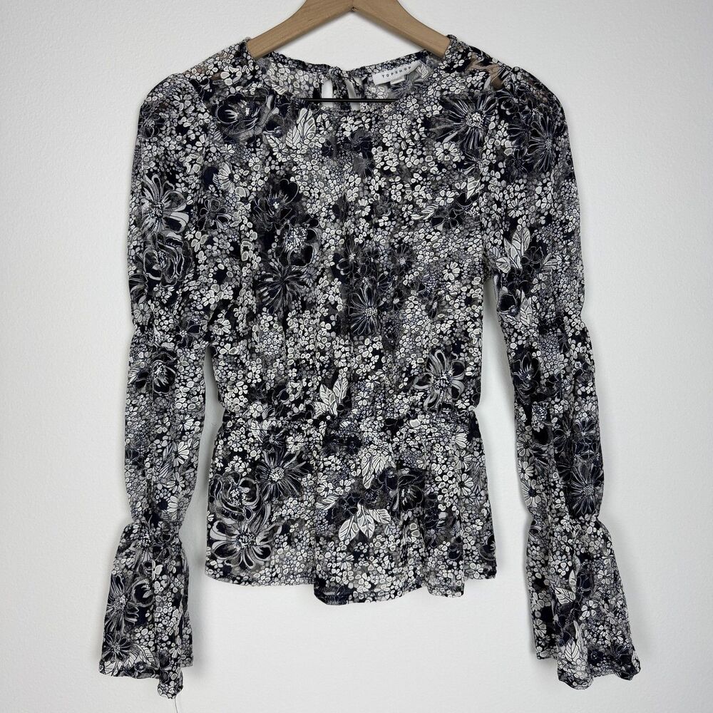 Topshop Blouse Womens 4 Blue Floral Long Sleeve Bell Cuff Peplum Top Stretch